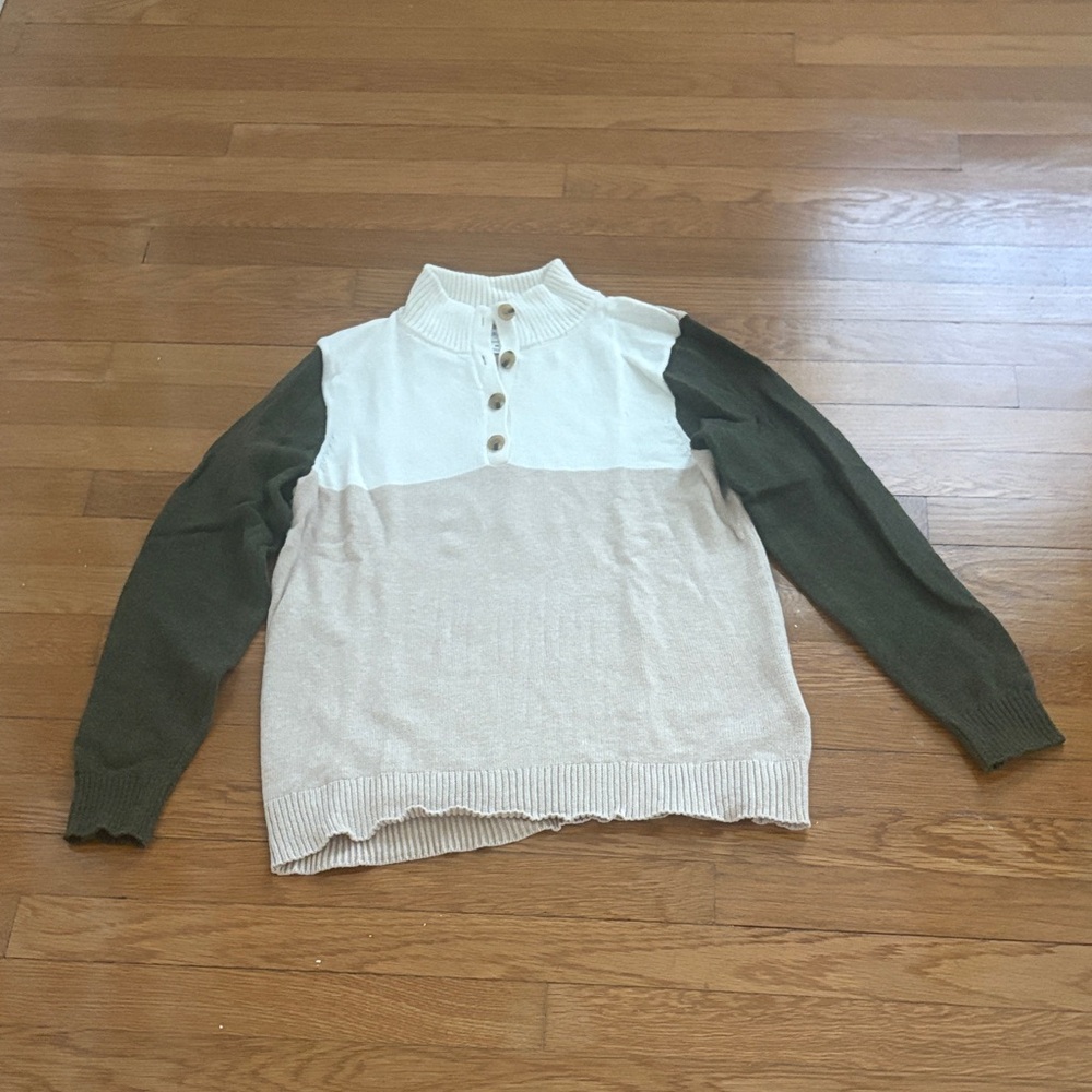 J. Crew Color Cream Olive and Tan Knit Cotton Sweater Medium